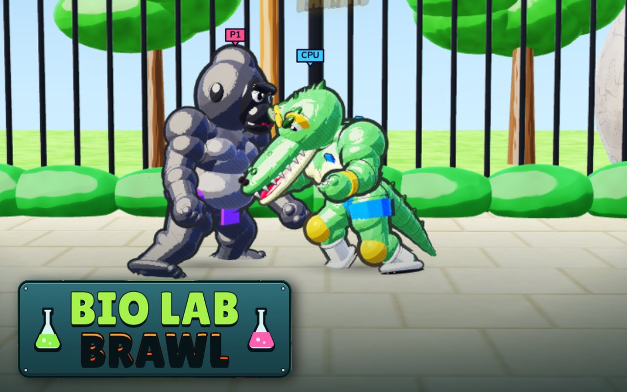 Bio Lab Brawl: a gorilla sumo fighter battles a crocodile wrestler