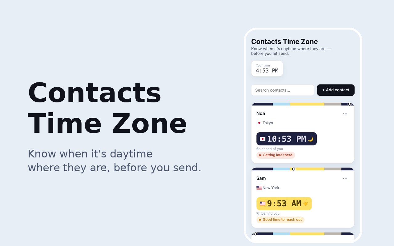 Contacts Time Zone: a phone screen listing contacts in Tokyo and New York with their local times