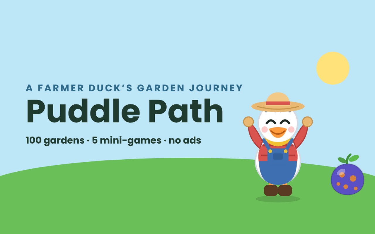 Puddle Path: Pip, a farmer duck in a straw hat and overalls, cheering on a green hill